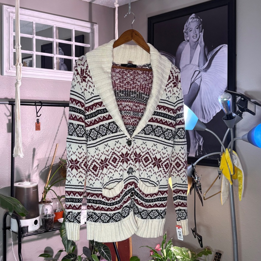 Forever 21 Cardigan Sweater Women Medium Cream Red Fair Isle Knit Shawlโ